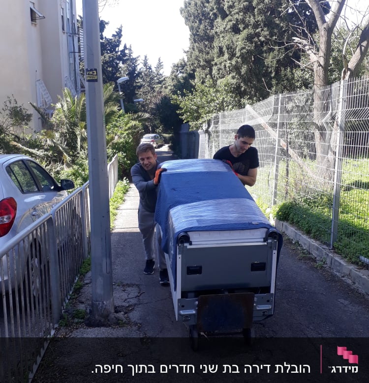 שני אנשים דוחפים עגלה עם חפץ מכוסה בבד כחול